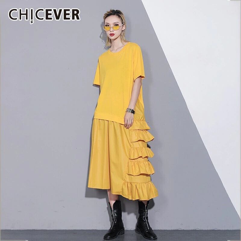 CHICEVER春プリーツレディースドレスOネック半袖不規則な裾特大2020レディースドレス ハーフスリーブ スプリング 春物 6base53552647665