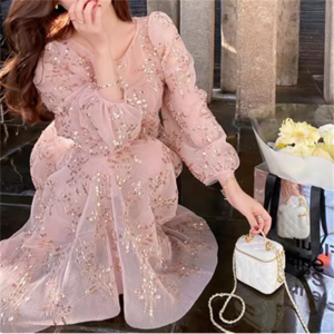 【送料無料】 ワンピース ロング ミモレ 袖あり 長袖 ラウンドネック Aライン フレア キラキラ 透け感 シースルー 薄手生地 エレガント 可愛い 大人可愛い きれいめ シンプル カジュアル シック コンサバ 華やか 大人 上品 おしゃれ お洒落 主役級 こなれ感 高見え 高級感 フェミニン 無地 春 20代 30代 40代 レディース 女性 デート お出かけ 女子会 お呼ばれ 休日 お茶会 授業参観 結婚式 二次会 パーティ 演奏会 普段使い オルチャン 韓国系 ファッション スパンコール 定番