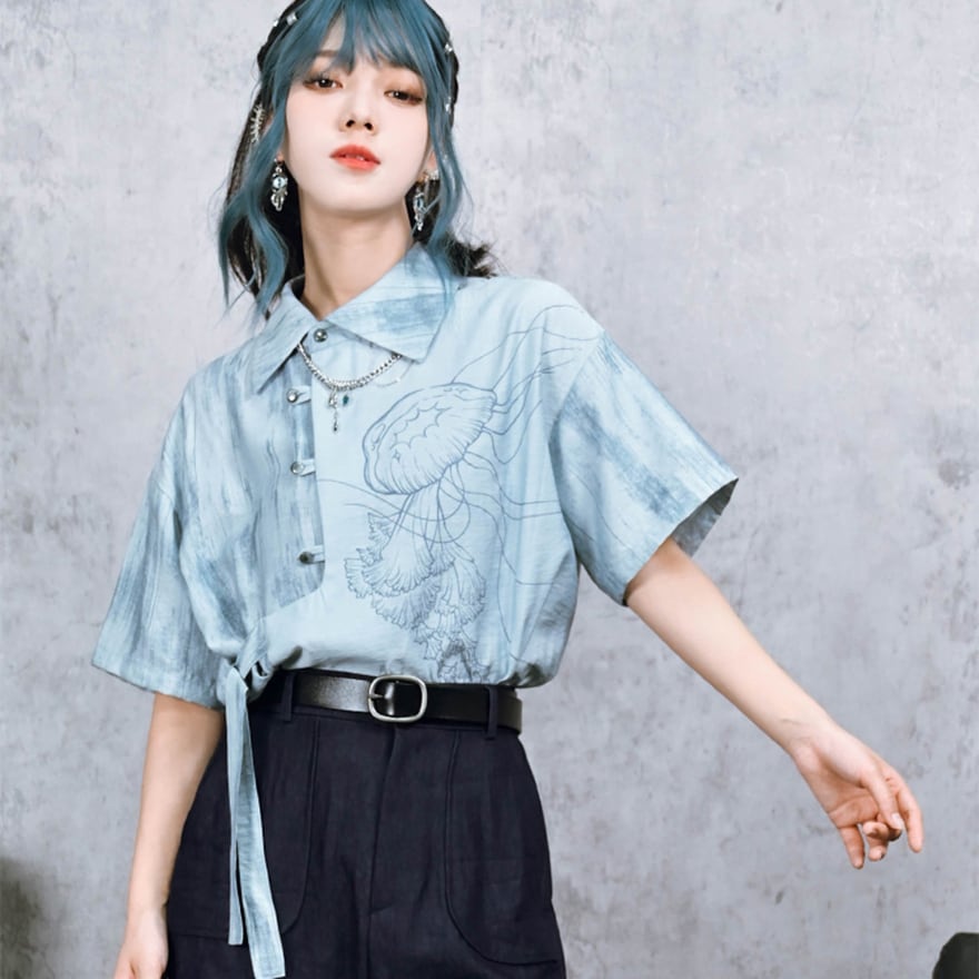 中華ゴシック 古怪舎 半袖 シャツ アシンメトリー チャイナボタン 中華系ファッション 30代ファッション 夏服