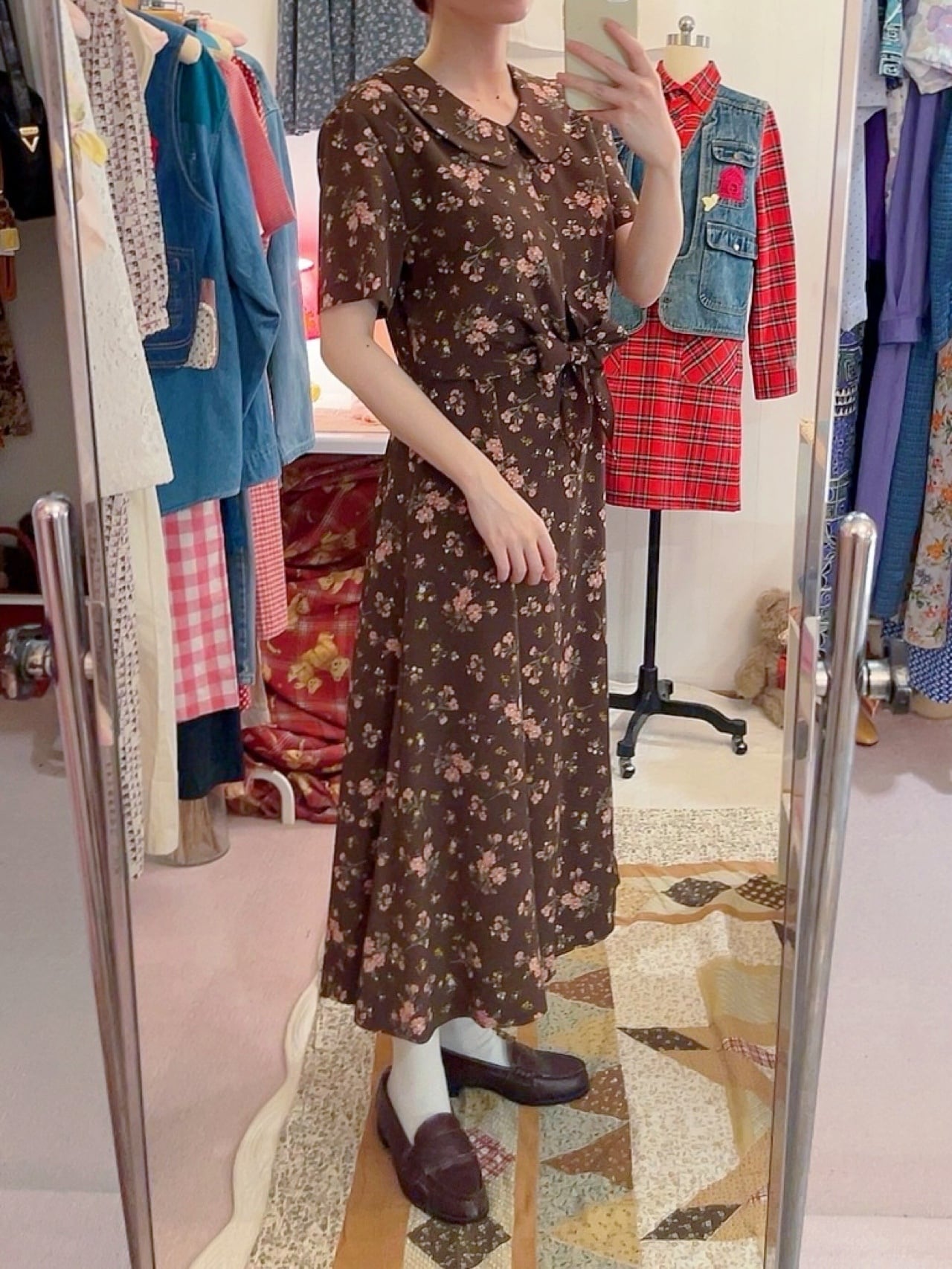 brown flower waist ribbon one-piece