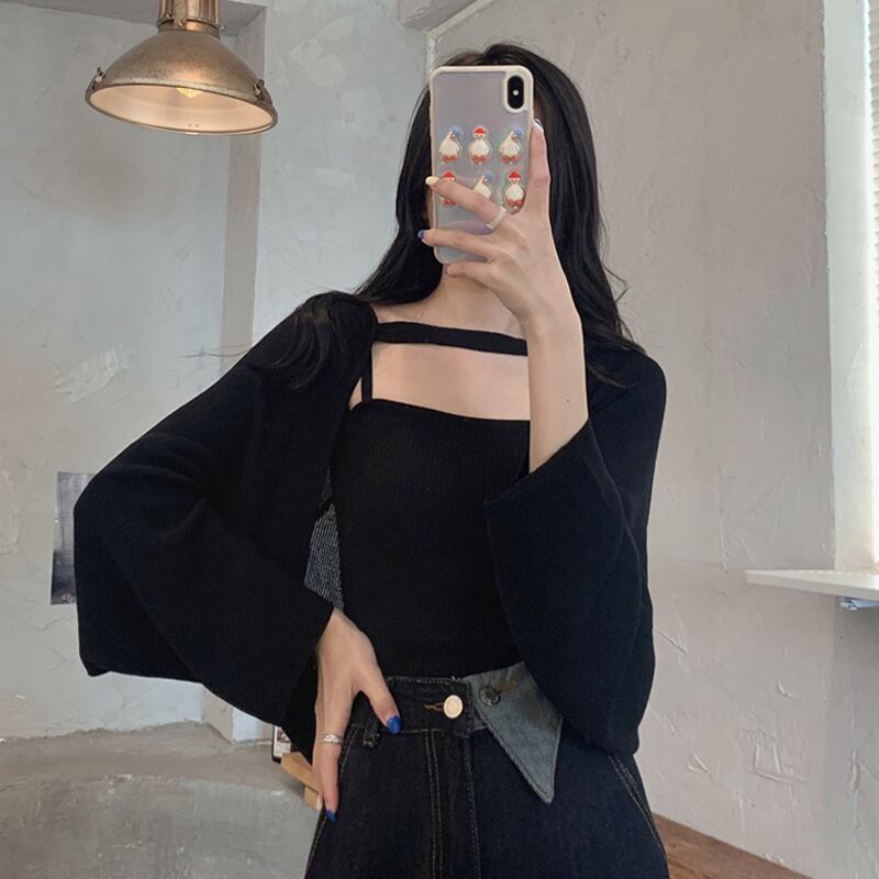 ブラックニットカーディガンスプリングオータムブラウス ショートセーター ジャケット 春物 秋物 ピュア 試着室54317466570