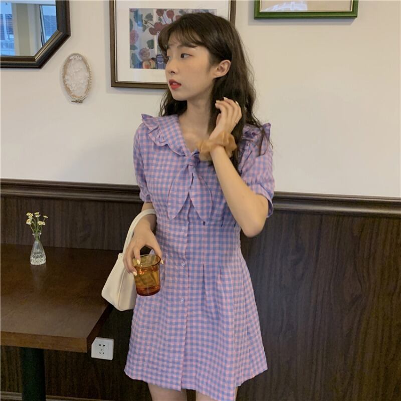 フレンチニッチドレス女性新夏レトロチェック柄パープルAラインスカートネイビーカラーハイウエストスリムショートスカート 1号婦人8060964572