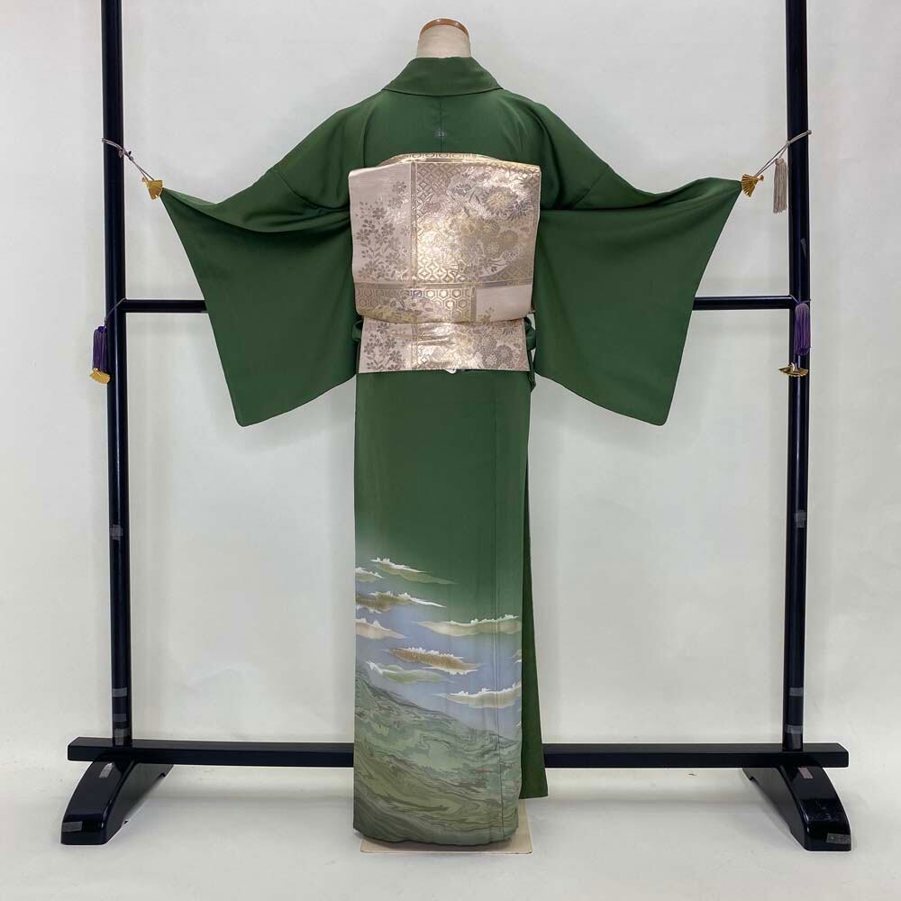 訪問着セット 5点セット 帯 長襦袢 帯揚げ 帯締め 緑 紋入り 古典 中古 