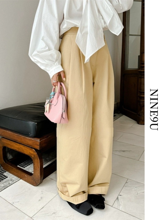 natural roll-up straight wide-pants 2color【NINE7712】