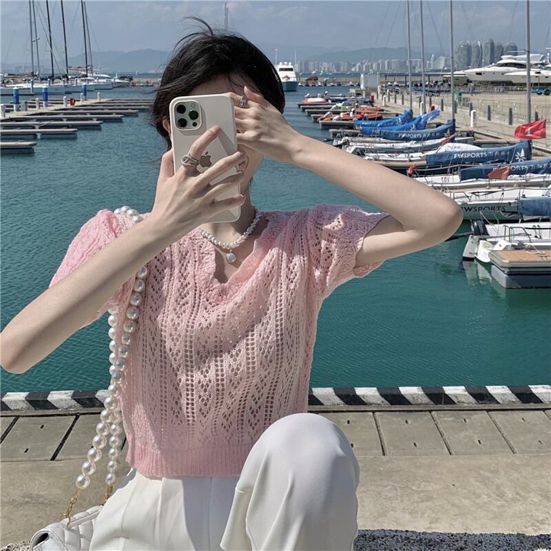 ショートTシャツ サマー薄手Vネックカジュアルトップス セーター 夏物 YY-ファッション67568652355