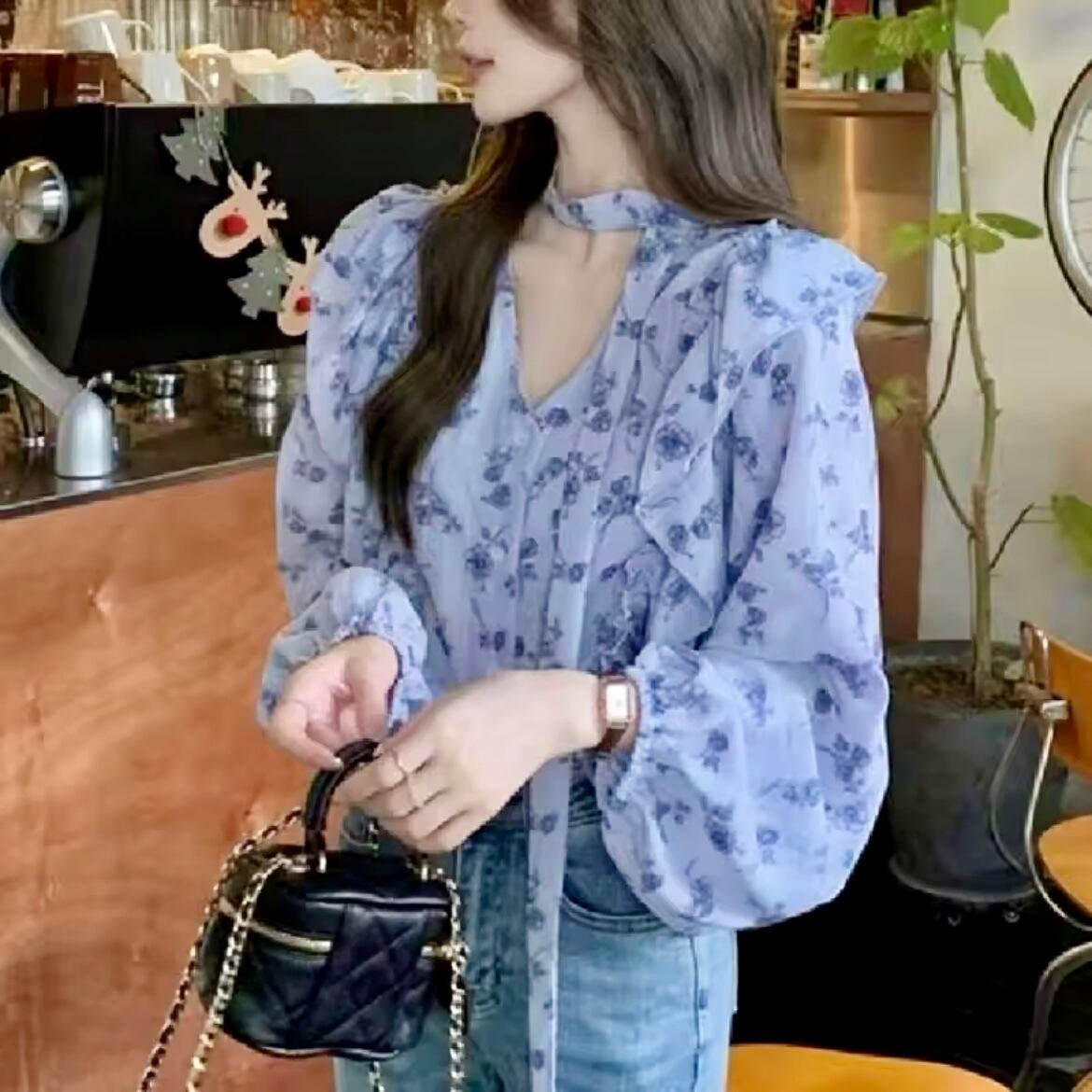 フリルフラワーリボンボウタイブラウス