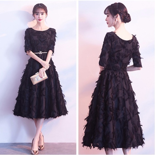 パーティードレス 星 フリンジ 五分袖 ラウンドネック フレア Ａライン フェザータッチ ミモレ丈 膝下丈 ３色 エレガント パーティー 女子会 結婚式 二次会 お呼ばれ ワンピース フォーマル 2018年新作 婚活パーティー 披露宴 ウェディング 謝恩会 卒業式 入学式 演奏会