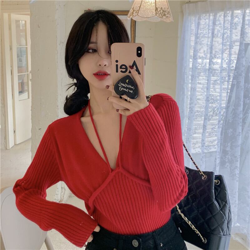 ニットセーター シャツ ホルターオータムウィンターレッドトップス ロング 秋物 冬物 ブラックストロベリース91492089116