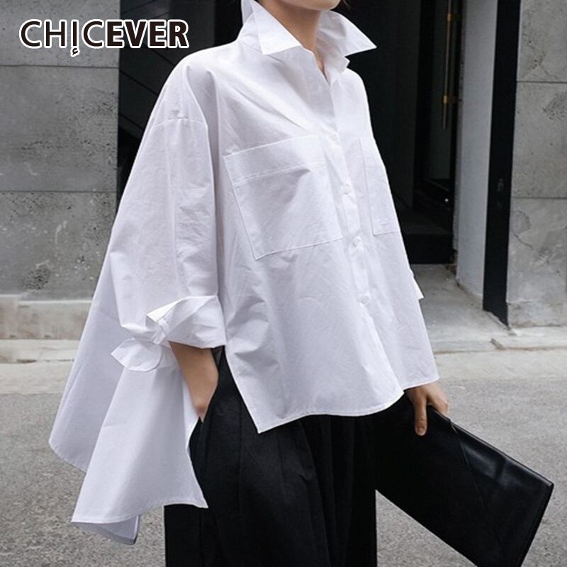 CHICEVER秋のレディーストップスとブラウスラペル長袖ルーズプラスサイズ非対称シャツ服 ロング 大きめサイズ オータム 秋物 6base553494032508
