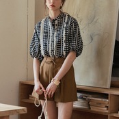 Géométrique Puff Sleeve Blous F0681