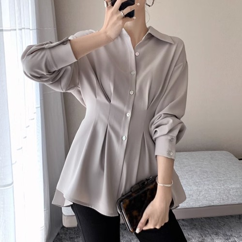 シフォンブラウス レディース シャツ トップス 長袖ブラウス バックプリーツ フロントボタン 襟あり ポロ襟 シンプル 無地 ペプラム カジュアル お出かけ おしゃれ きれいめ エレガント オフィス