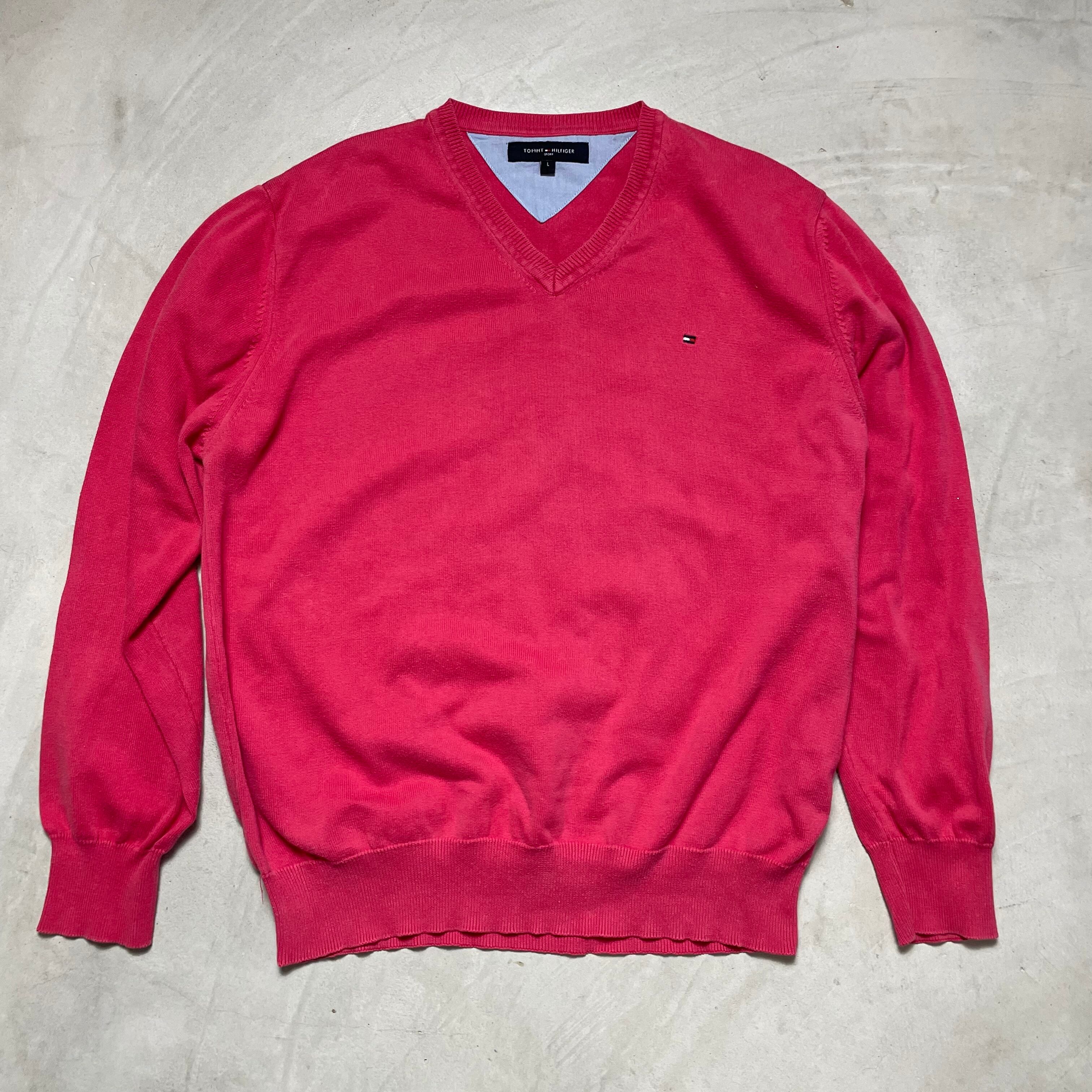 TOMMY HILFIGER トミーヒルフィガー Vネック コットンニットセーター メンズL ワンポイントロゴ 刺繍 レッド 赤色【ニットセーター】