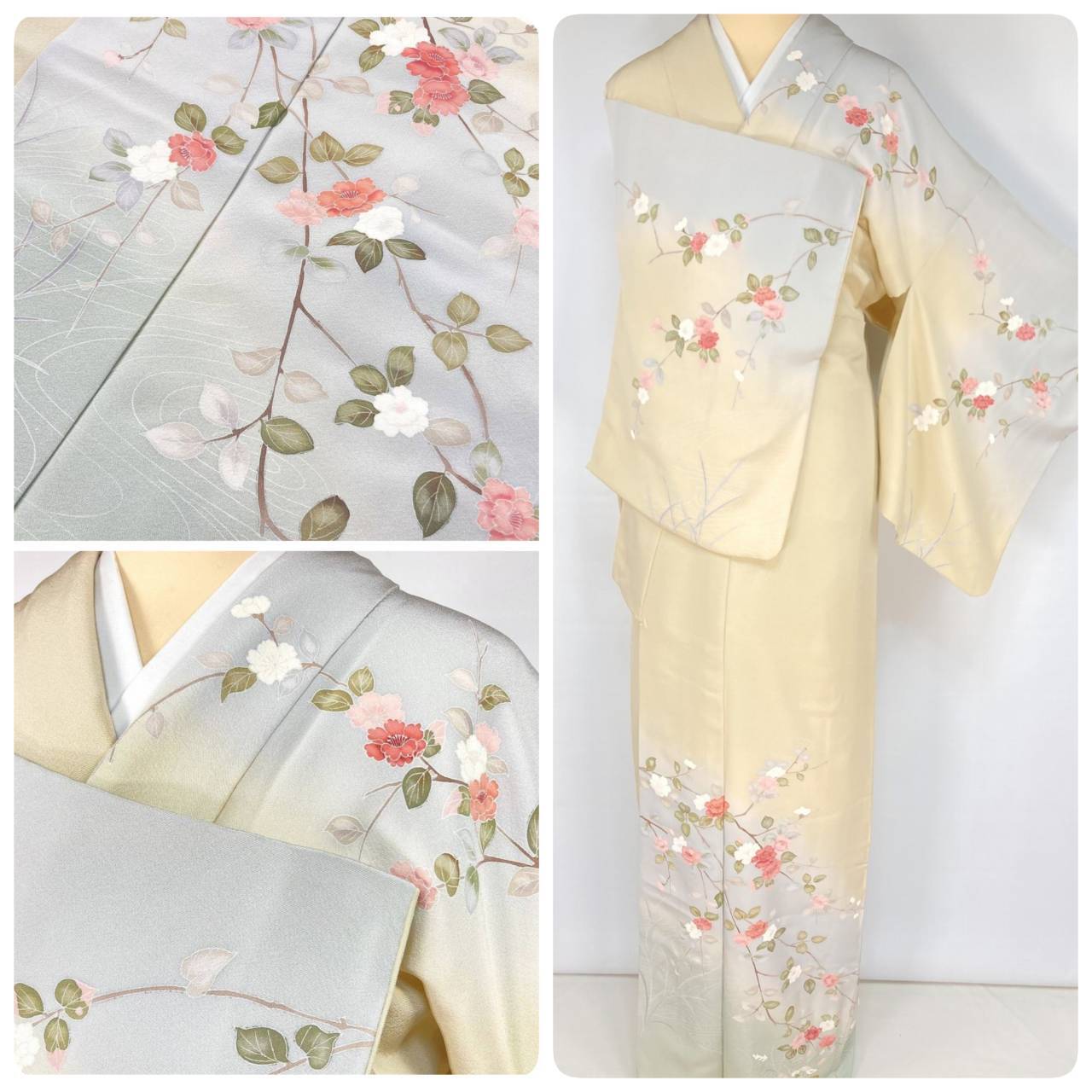唐織り 金通し 椿 唐花 正絹 金糸 袋帯 黒 グレー 白 緑 709 | kimono
