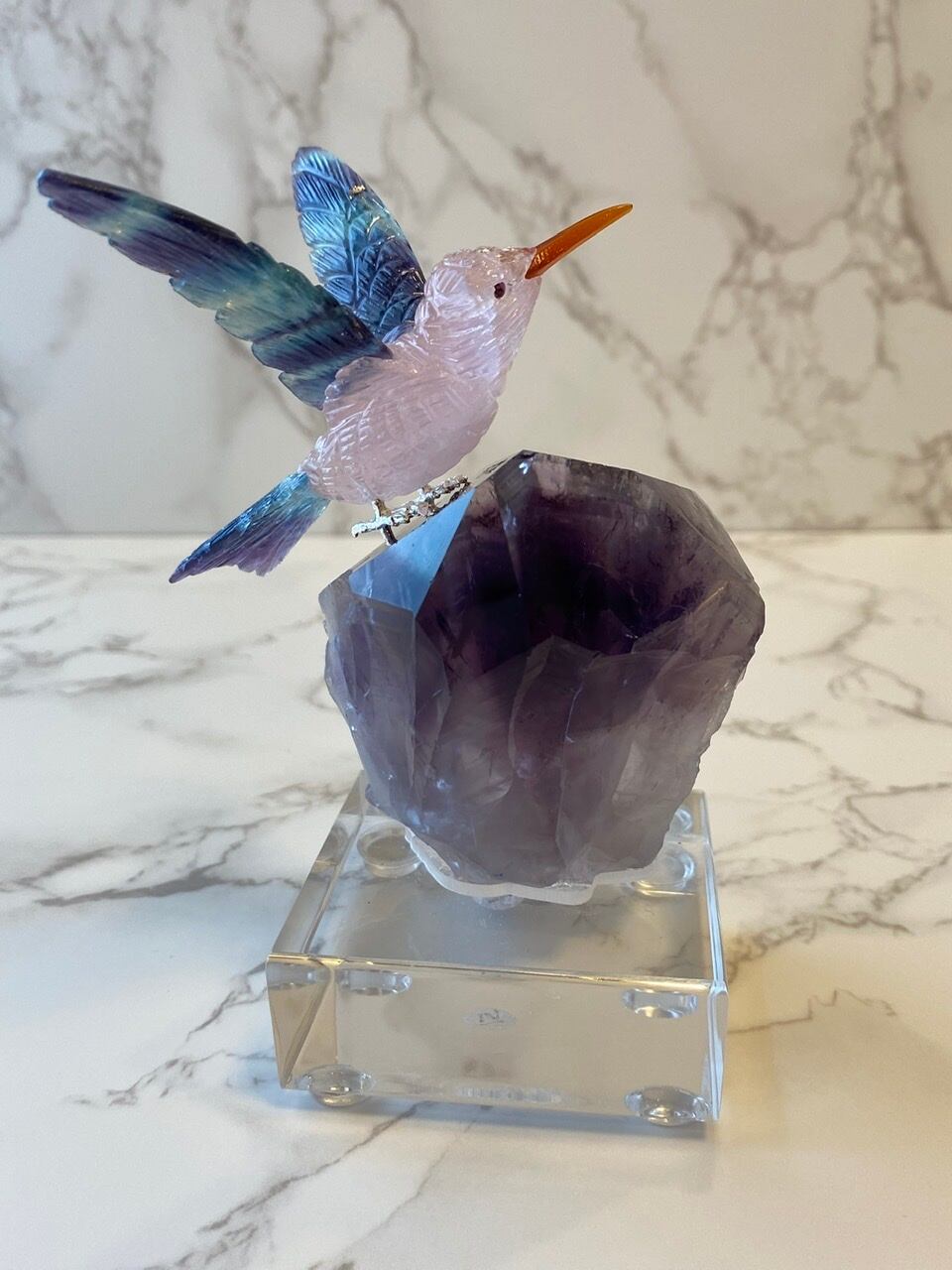 美品✨天然クリスタルとローズクオーツの鳥のオブジェ（アメジスト台座） 天然石ハチドリ ローズクオーツ アメシスト | Clione Style-部屋に飾る宝石