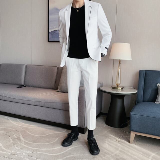 【予約販売】メンズ セットアップ スーツ 無地 長袖 スリム アシンメトリー スタイリッシュ シンプル 韓国 男前 ブラック/ホワイト/グリーン ジャケット パンツ セット セットアップ ビジネス 通勤 フォーマル パーティ 二次会 同窓会 結婚式 韓国 こなれ感 トレンド 春 夏 大きいサイズ M/L/XL/2XL/3XL/4XL