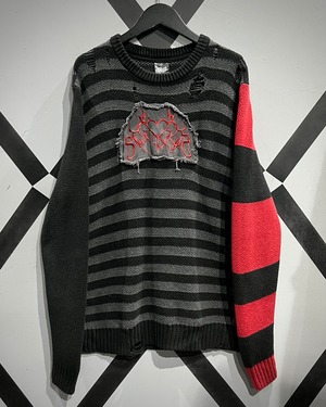 【X VINTAGE】Tribal Heart Motif Embroidery Vintage Damaged Border Knit