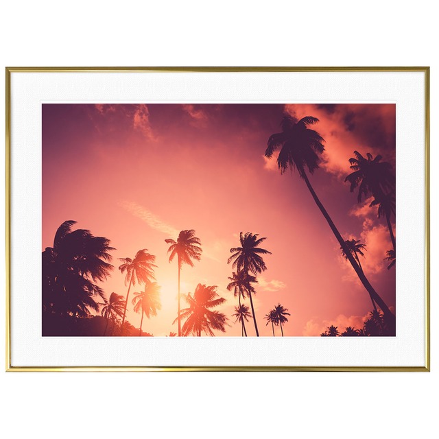 夕日写真 ヤシの木と夕暮れ時の太陽 インテリアアートポスター額装 AS0420