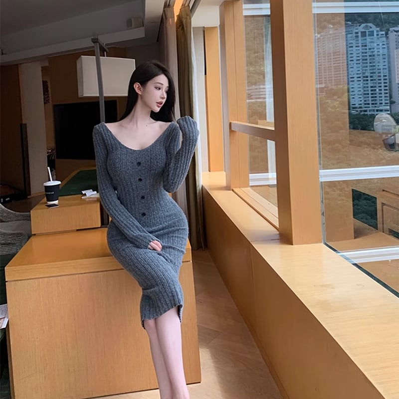 【dress】スクエアネックニットワンピース Q7184