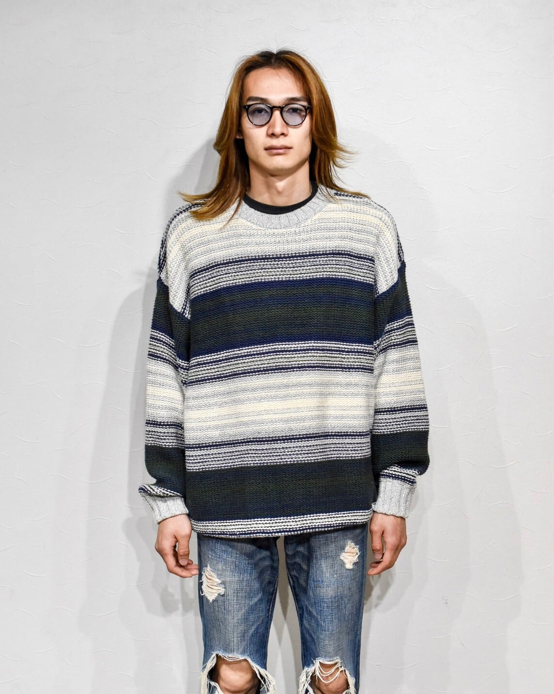 90's American Eagle - Border Cotton Knit (size-L) ¥11000+tax