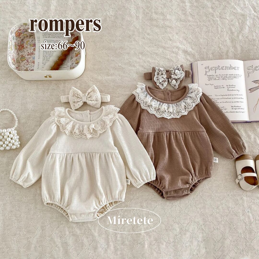 【取寄】レースが目を惹くレースカラーのワッフルロンパース