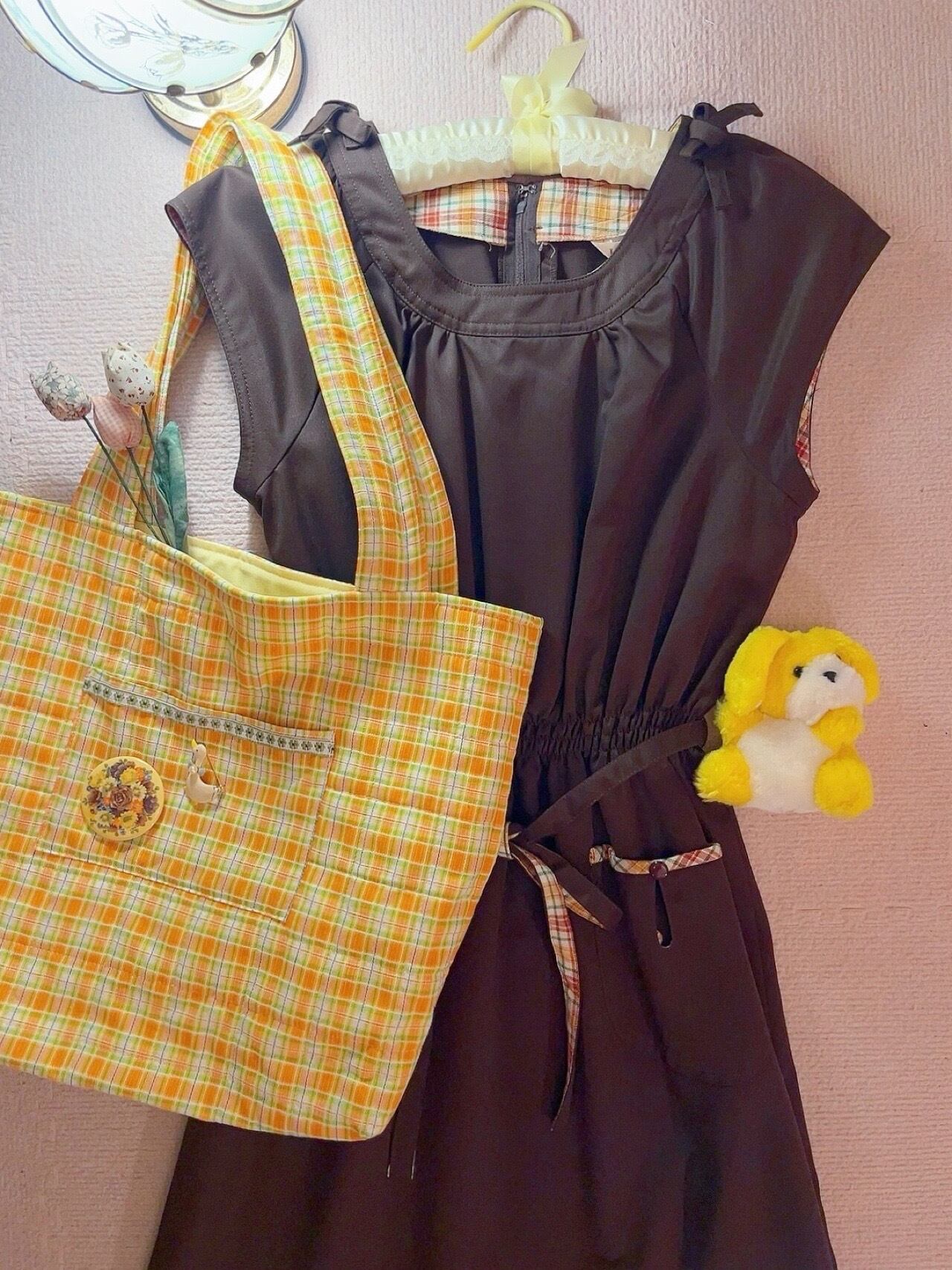 original / yellow check quilting tote bag