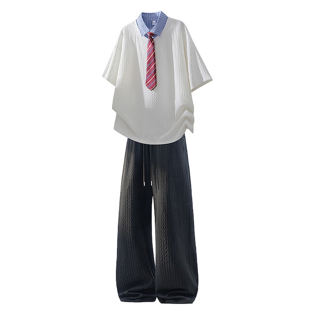 ♥ネクタイ付きPOLOシャツ！【WSシリーズ】★POLOシャツ★ ユニセックス ネクタイ付き 3color トップス 半袖 カジュアルフェイクレイヤード