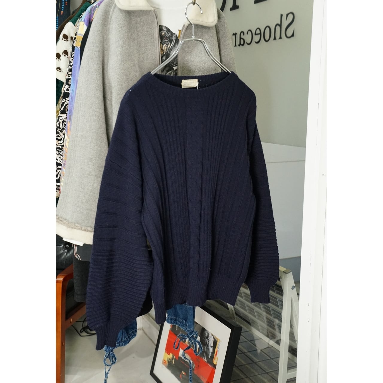 Ermenegildo Zegna イタリア製 ネイビー ケーブル編み クルーネックウールニット セーター(表記48・実寸L相当)|NA421