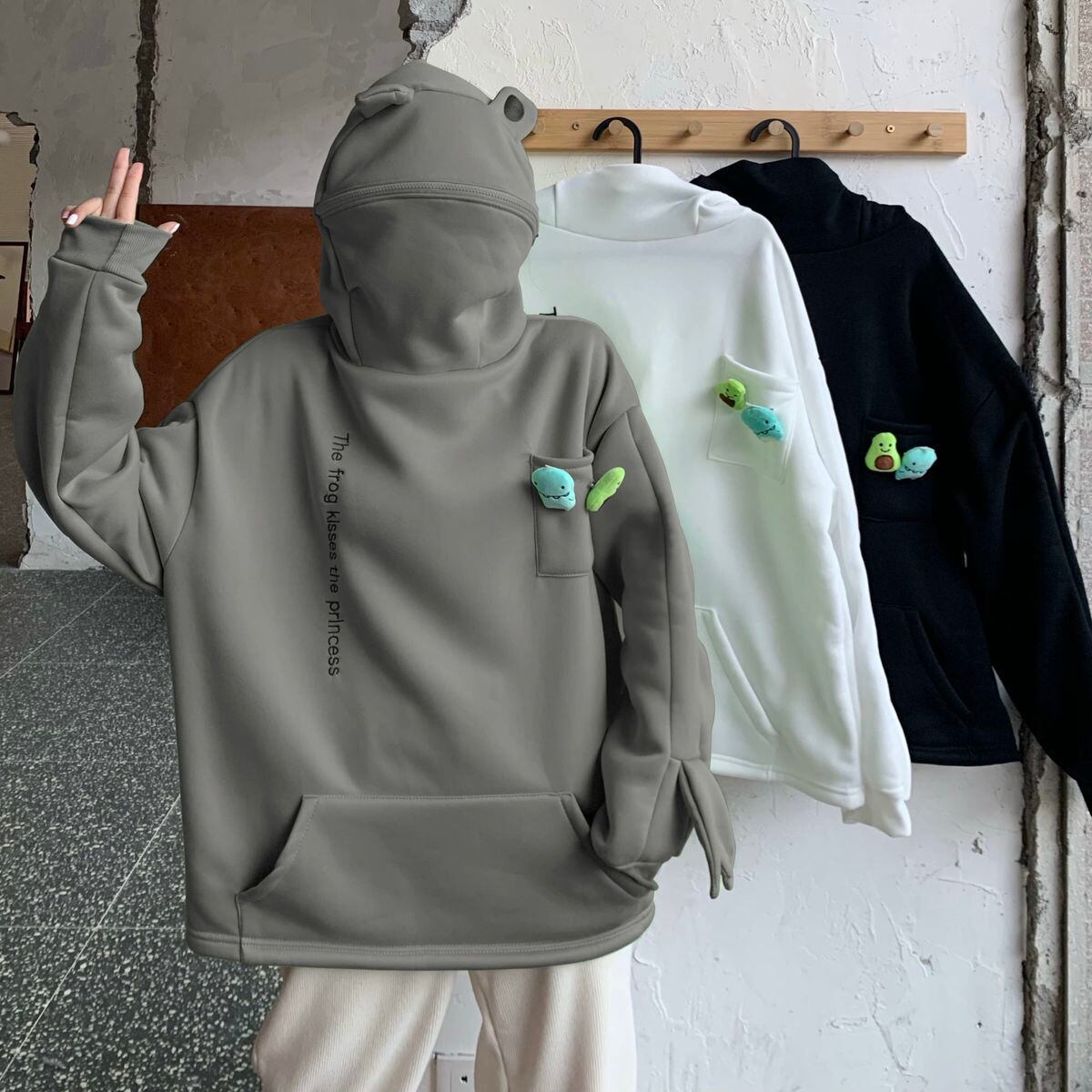 ユニセックス カエル パーカー プルオーバー フード ジップアップ