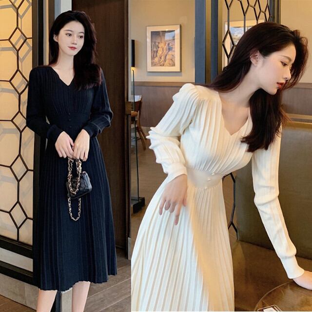 ワンピース レディース ひざ下丈 お呼ばれワンピ デート おしゃれ プリーツ ウエストマーク Vネック シンプル ブラック/オフホワイト S/M/L