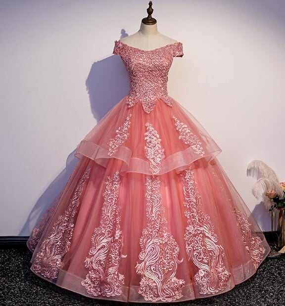 ピンク レース オフショルダードレス オフショルダー フラワーレース プリンセスドレス ピンク カラードレス