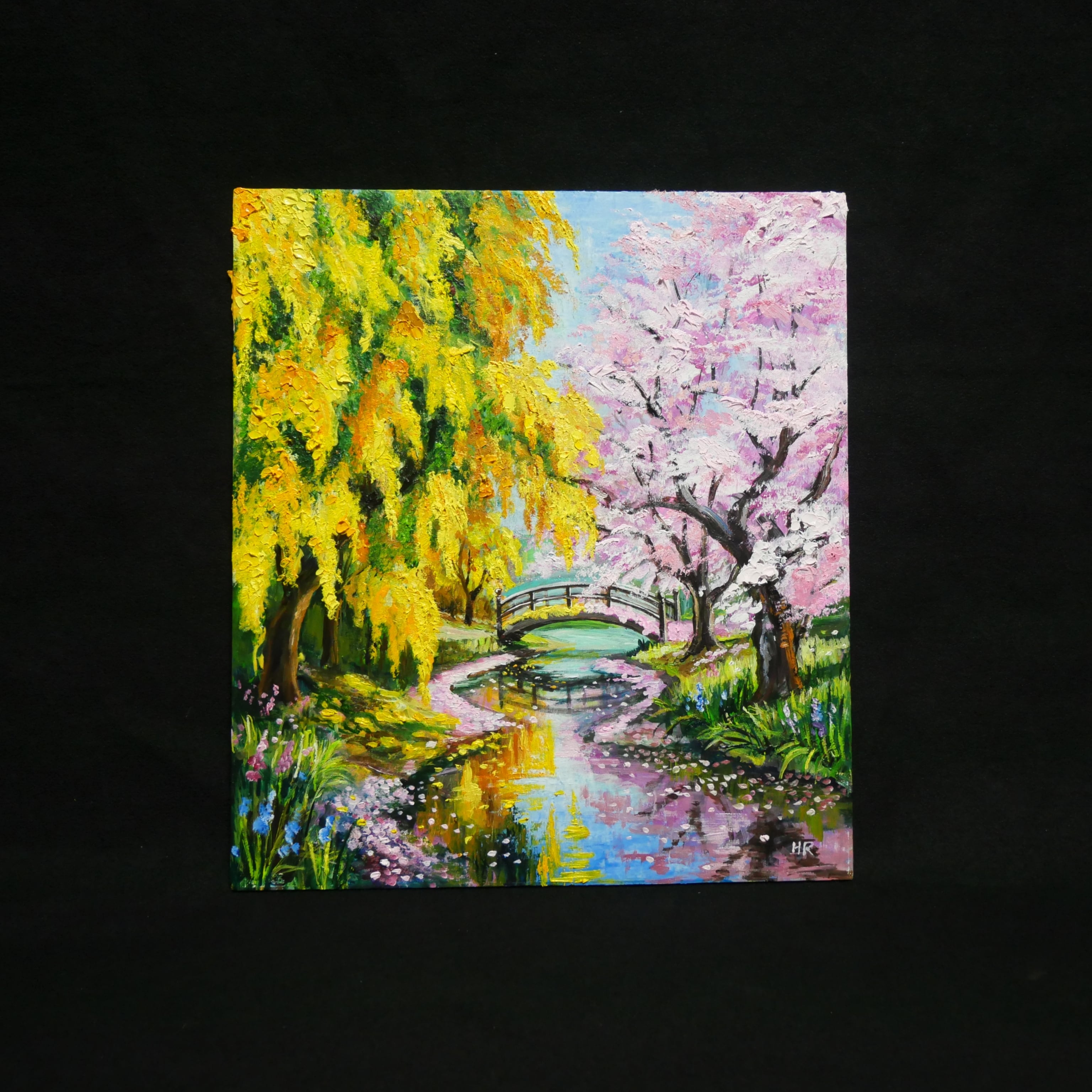 油絵 原画「陽だまりの庭園 〜桜とミモザの咲く日〜」 手描き 一点物