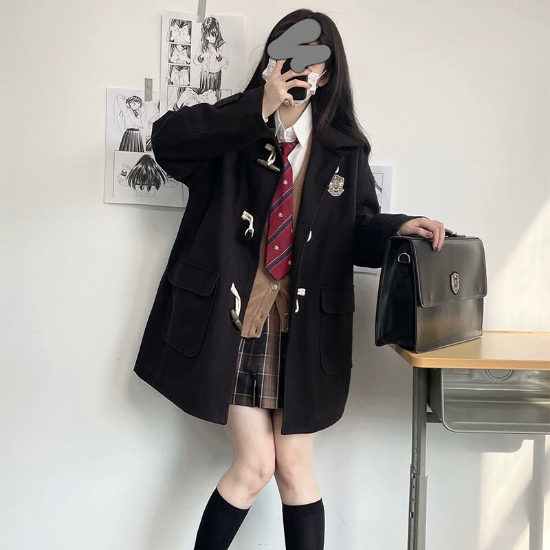 コート カレッジスタイル ホーンボタン 徽章 ワッペン ウール 可愛い