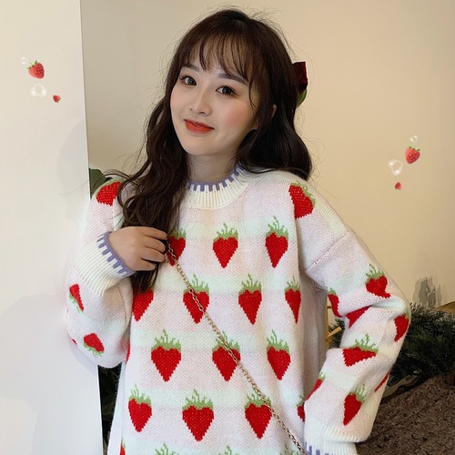 ✞いちご桃ジャカードニットセーター ラウンドネックプルオーバー トップス ロング ロリータ服 スウィート ✞ゴスロリ SM ミリ 甘ロリ クラロリ 和ロリ エレガント 黒ロリ 姫ロリ 華ロリ BB-BB18405356415