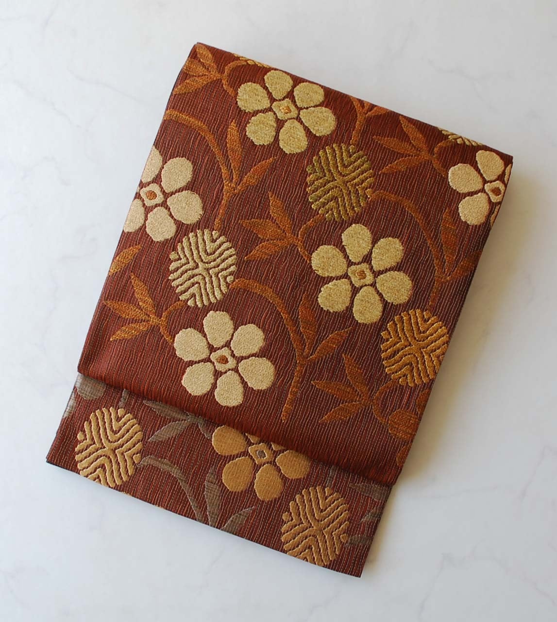 【ふくろ帯】赤錆色×ゴールド 笹蔓文 ふくろ帯