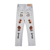 ストリート 骸骨と炎 刺繍 デニムパンツ P174