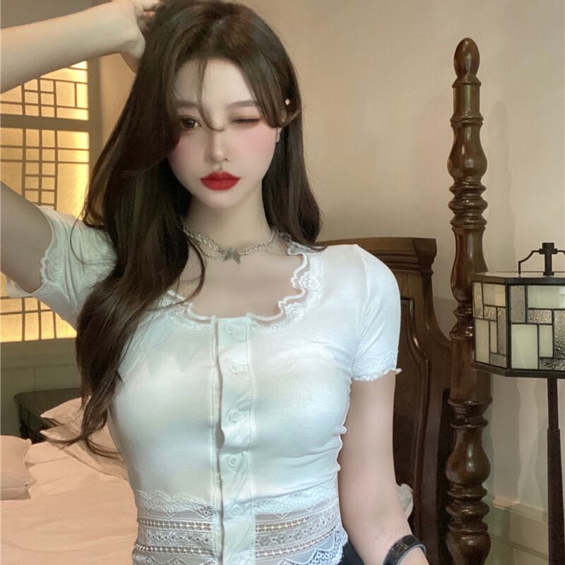 Tシャツ ショートレーストップス サマースタイル 夏物 ピュア YY-ファッション49748350321