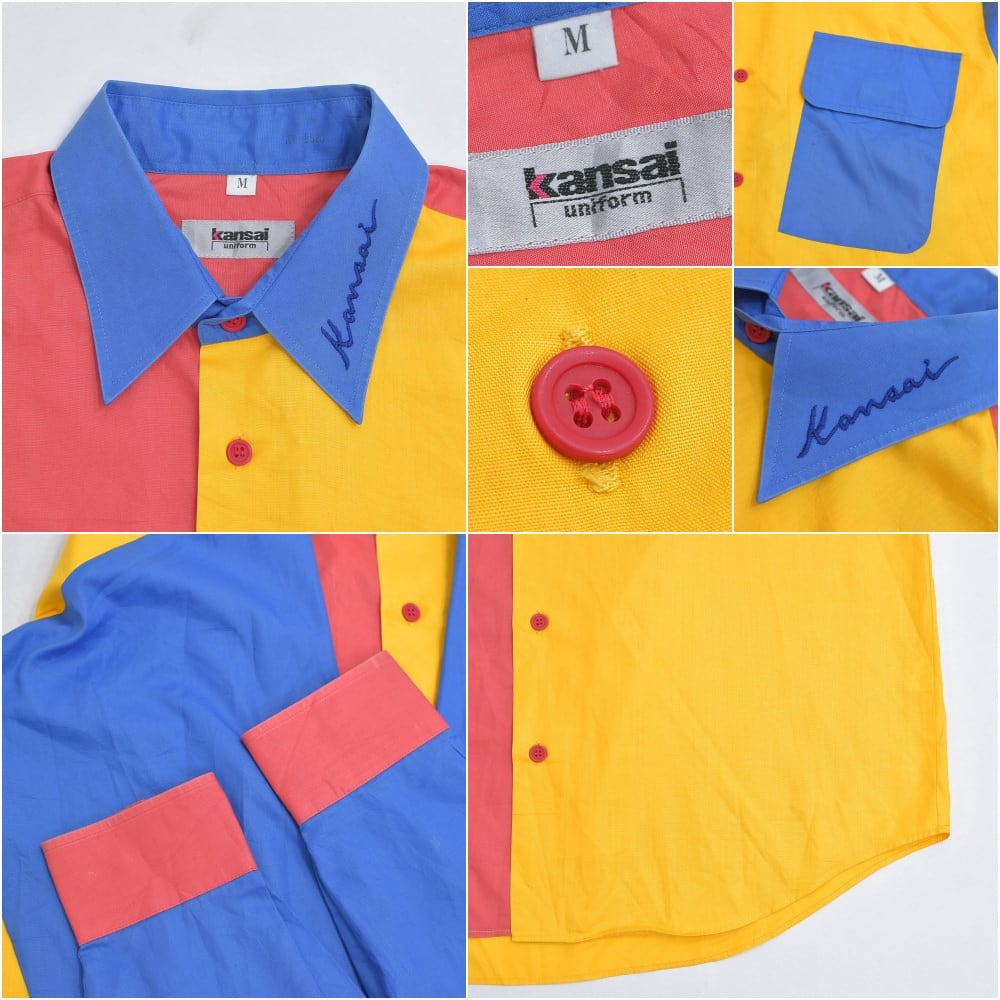 KANSAI UNIFORM カンサイユニフォーム 長袖 シャツ ブルー 青 グラデーション 刺繍 M 日本製 90's 90年代 ヴィンテージ ビンテージ 希少 正規品 古着 カジュアル ウェア ドレス 80～90s kansai uniform カンサイユニフォーム クレイジーパターン