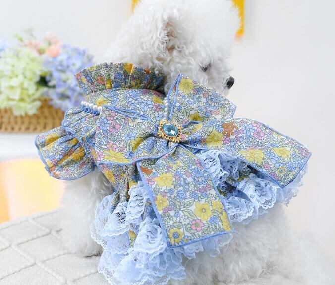 《予約》№3102155 ブルーのお花柄パールリボンワンピース