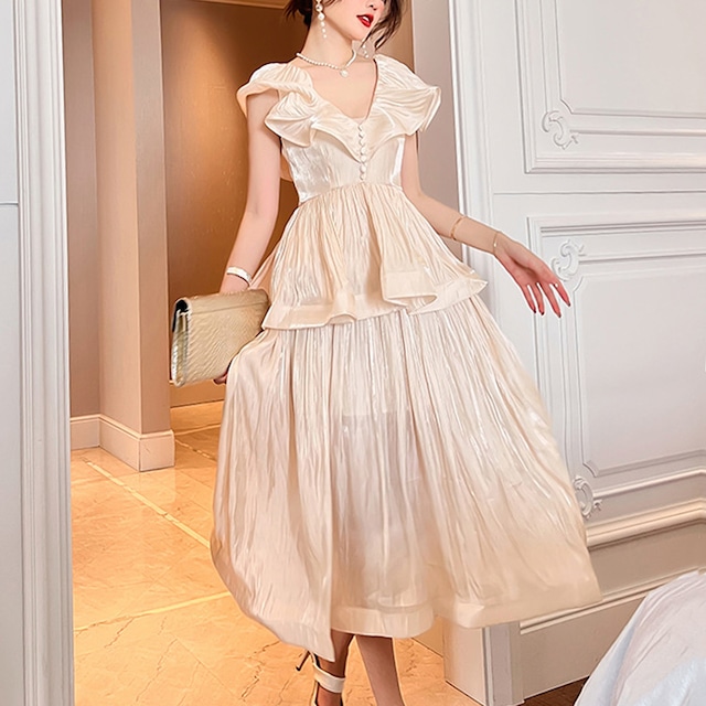 【夕暮薔薇シリーズ】上品 フリル袖 デザイン感 サテン ボリュームフレアワンピース S M L