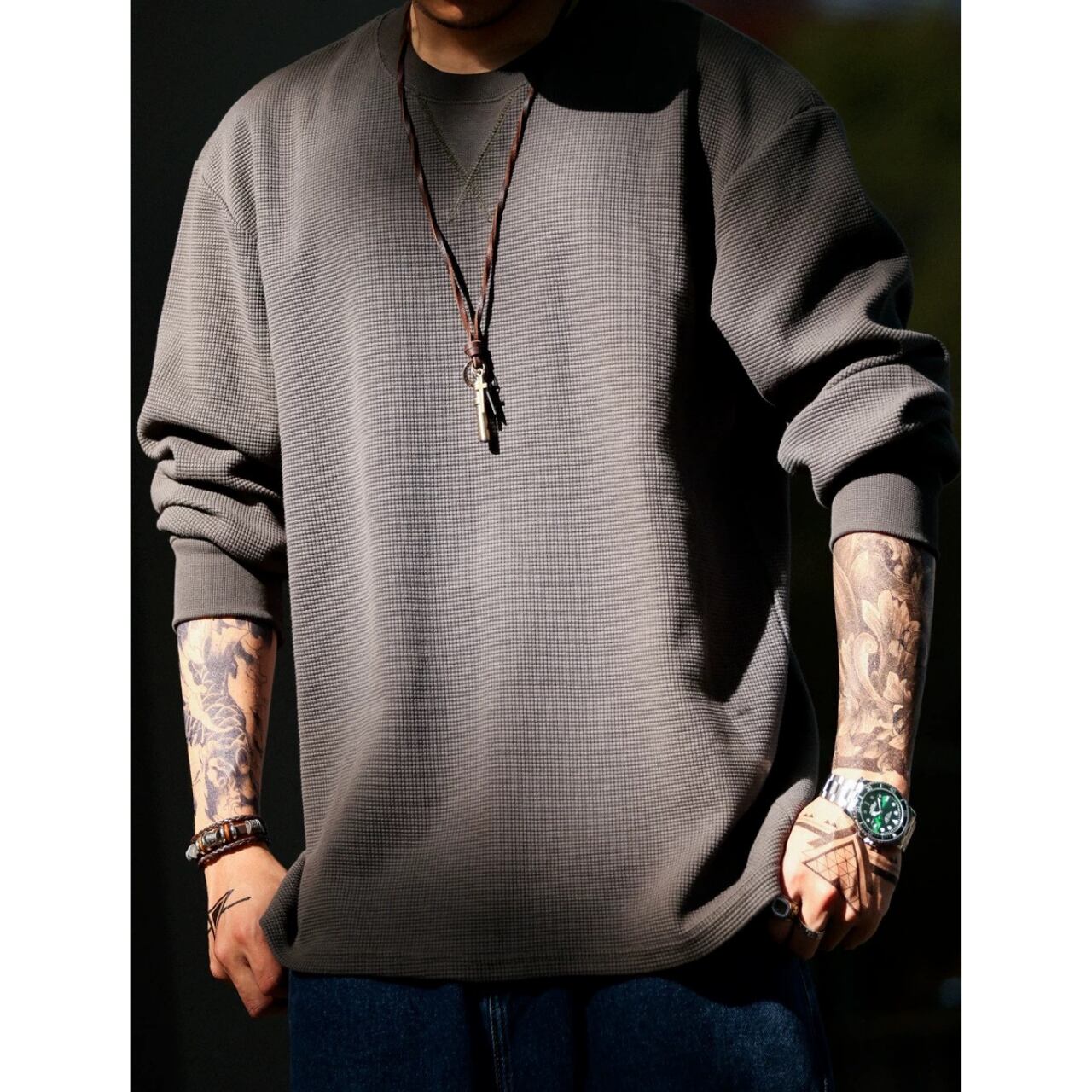 ワッフル生地 クルーネック ロングスリーブシャツ 00204