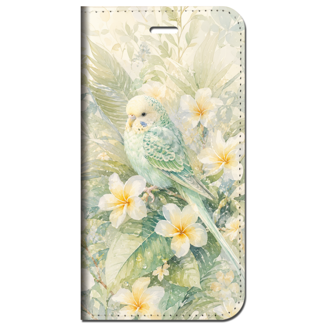 iPhone対応 スマホ 手帳型ケース 夏 プルメリア セキセイインコ インコ 鳥 シアー フルブルーム くすみカラー 水彩 華やか 癒やし 南国花 小鳥 ボタニカル ペールグリーン スプラッシュ 大人可愛い スマホケース スタンド 【iPhone17 / iPhone16e / iPhone16 他 iPhone各機種対応】 |ianusl12