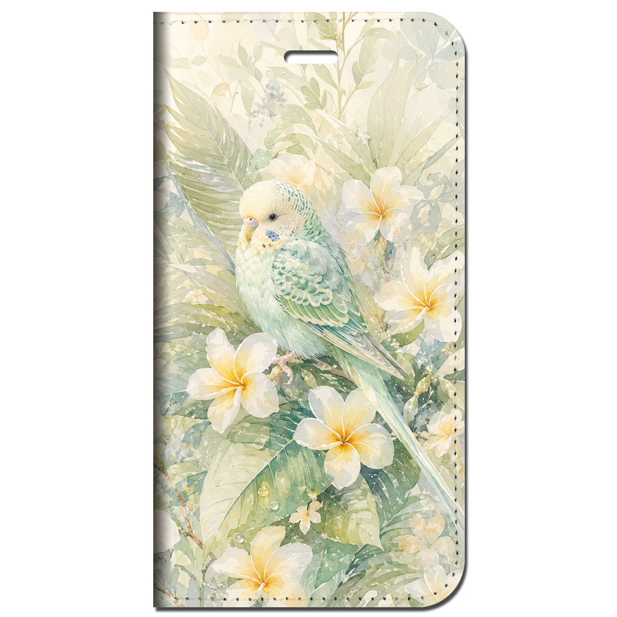iPhone対応 スマホ 手帳型ケース 夏 プルメリア セキセイインコ インコ 鳥 シアー フルブルーム くすみカラー 水彩 華やか 癒やし 南国花 小鳥 ボタニカル ペールグリーン スプラッシュ 大人可愛い スマホケース スタンド 【iPhone17 / iPhone16e / iPhone16 他 iPhone各機種対応】 |ianusl12