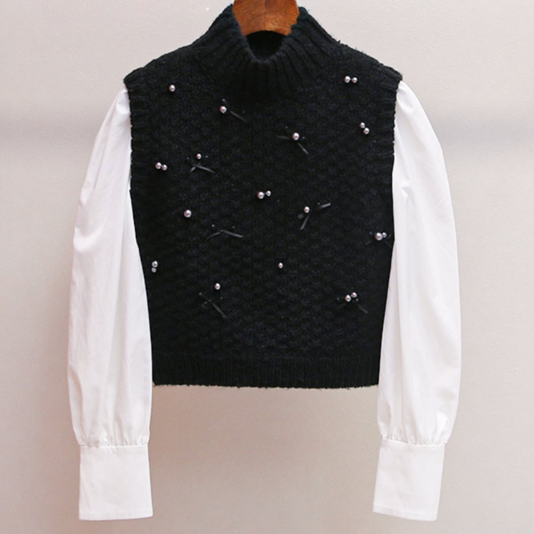 Pearl-Embellished Knit Vest & Puff-Sleeve Blouse