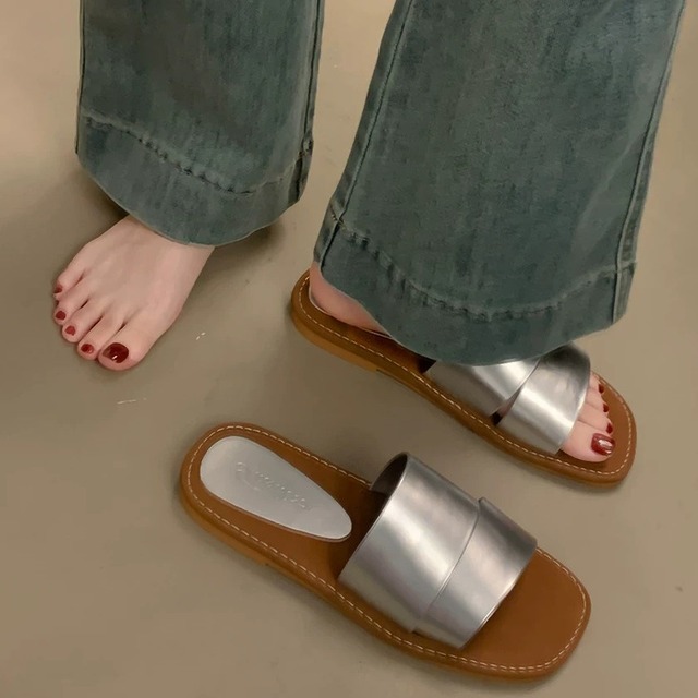 Wide band square-toe slides sandals A1719