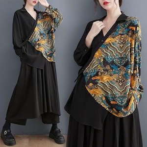 PRINT ASYMMETRIC V-NECK DESIGN SHIRT & BLACK DESIGN PANTS SET 2colors M-6884