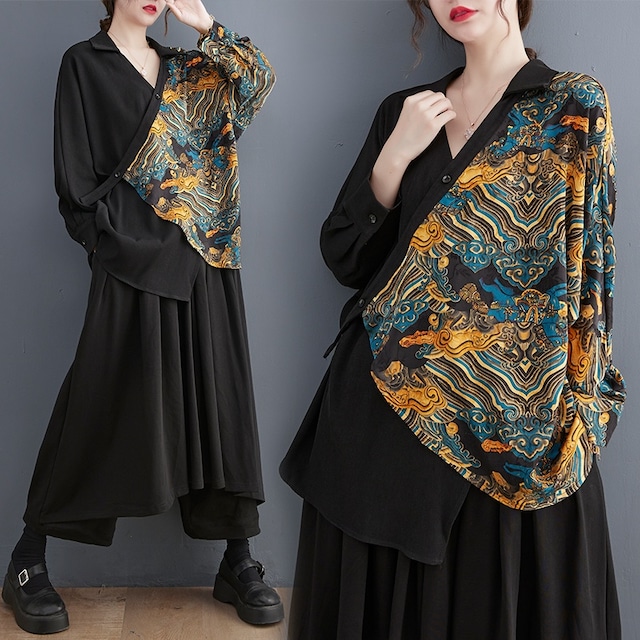 PRINT ASYMMETRIC V-NECK DESIGN SHIRT & BLACK DESIGN PANTS SET 2colors M-6884