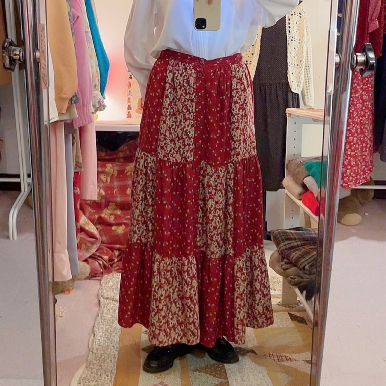 red flower patchwork tiered skirt