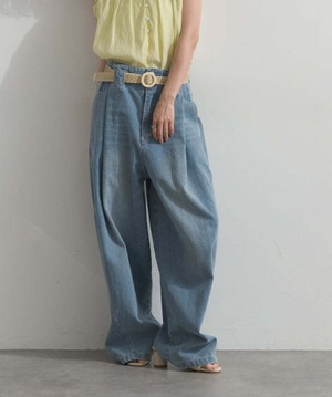 b421 ハイウエストベルトループデザインデニムパンツ blue