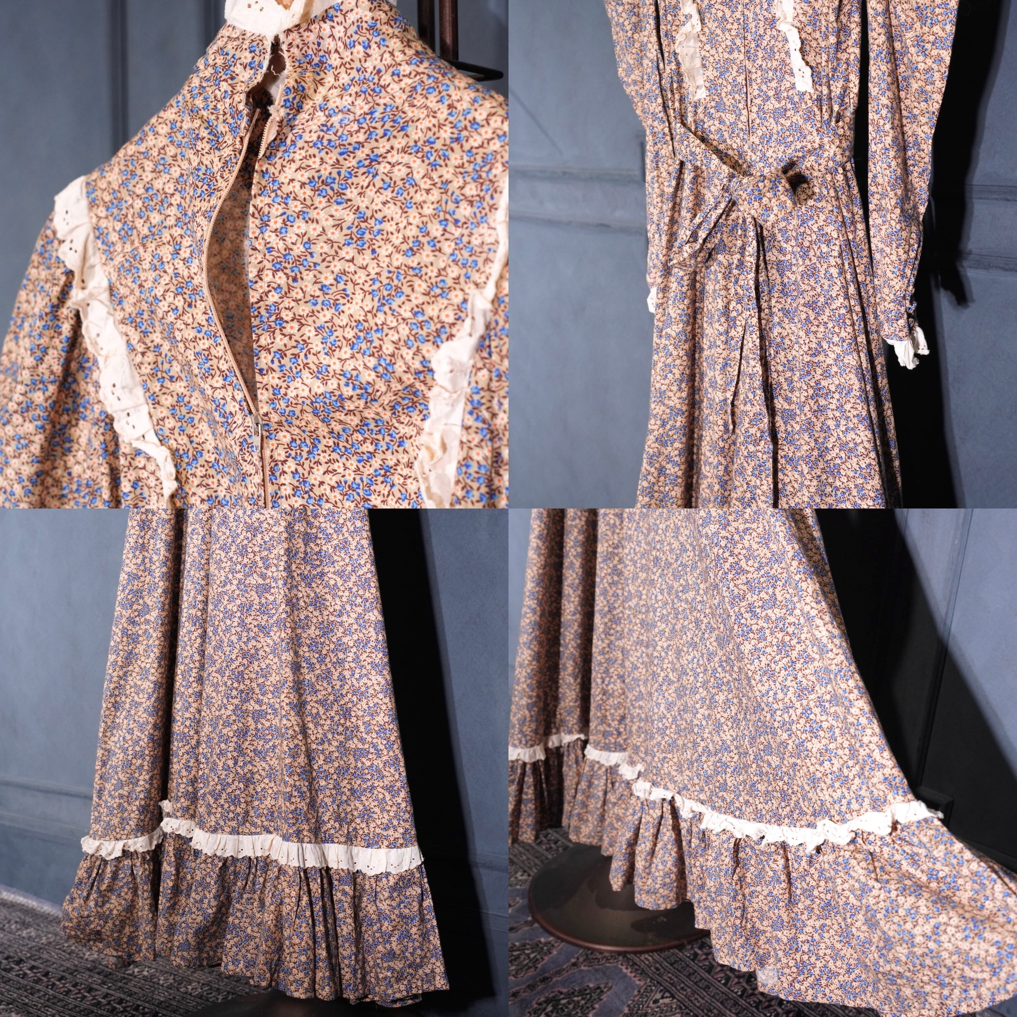 70's USA VINTAGE FLOWER PATTERNED LACE DESIGN COTTON DRESS ONE