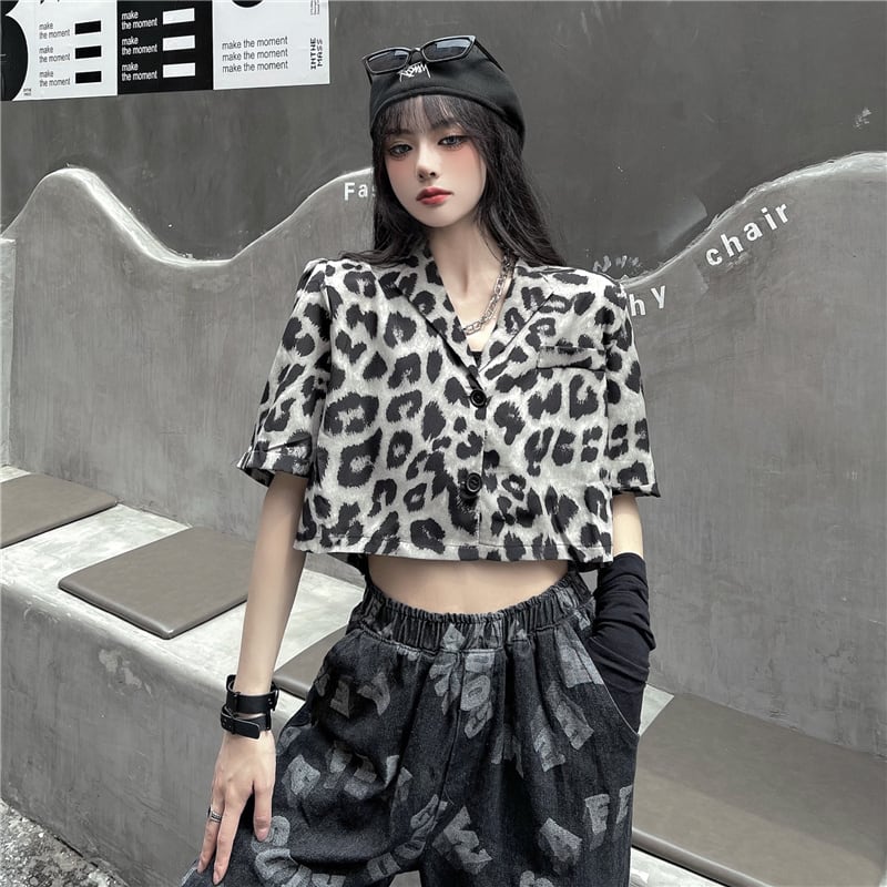 ショートジャケット レオパードプリント柄シャツ クロップトップ トップス かわいい ケッペル41714524922